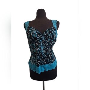 Floral Lace Trim Tank Top - Black and Blue